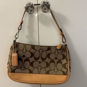 Coach Brown Signature Canvas Shoulder Bag with Tan Leather Trim